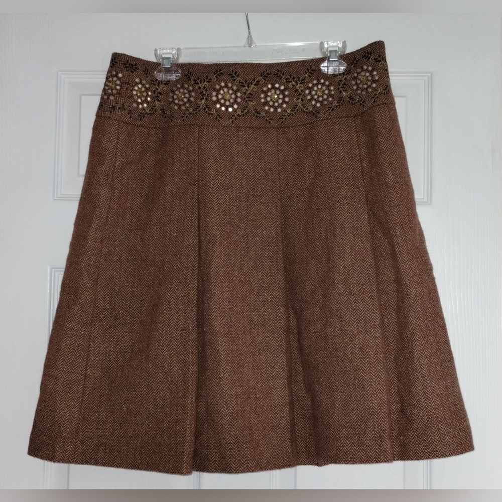 Loft Brand Brown Pleated Skirt with Embroidered Waistband